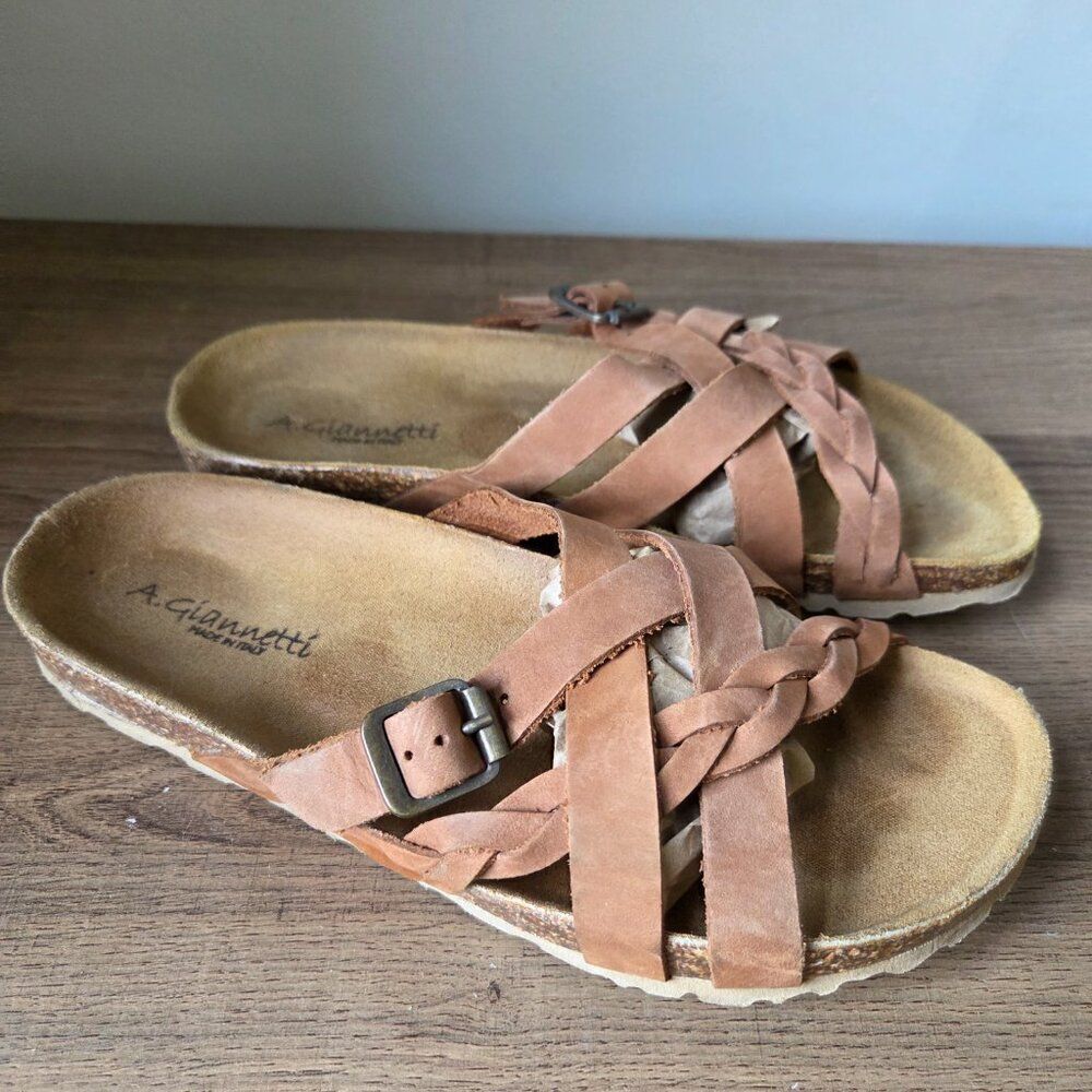 EUC A. GIANNETTI TAN GENUINE LEATHER SANDALS SLIPPERS MADE IN ITALY SIZE 8